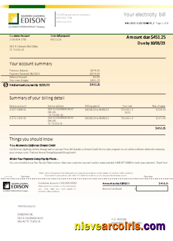 Southern California EDISON utility business bill, page 1
